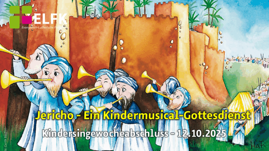 Zeichnung mit den Trompetern und dem Volk Israel vor den Mauern der Stadt Jericho.