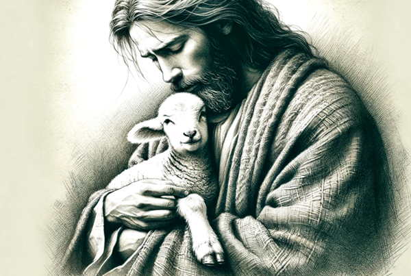 Zeichnung: Jesus, der gute Hirte, trägt ein Lamm auf dem Arm.