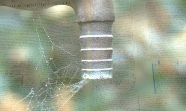 Fotomontage: Im Vordergrund ein Wasserhahn mit Spinnennezt. Im Hintergrund eine Bibel.