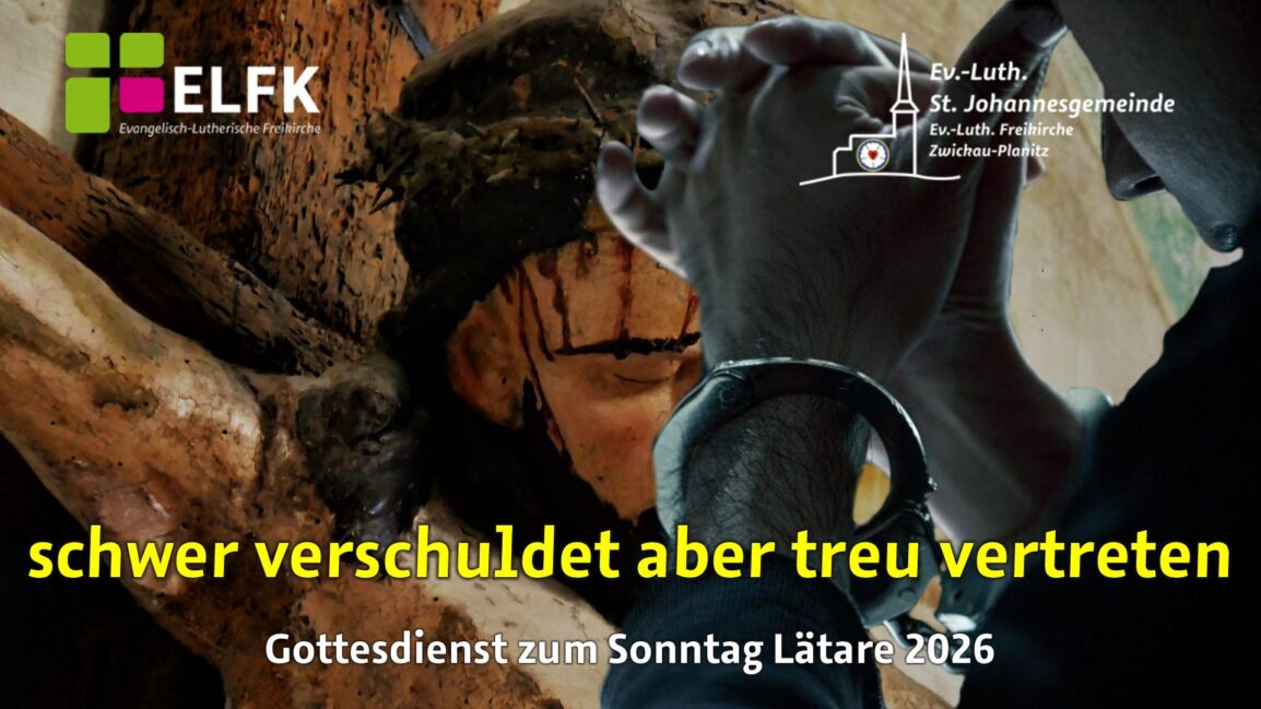 Betende Hände mit Handachellen im Vordergrund. Im Hintergrund Jesu blutendes Haupt am Kreuz.