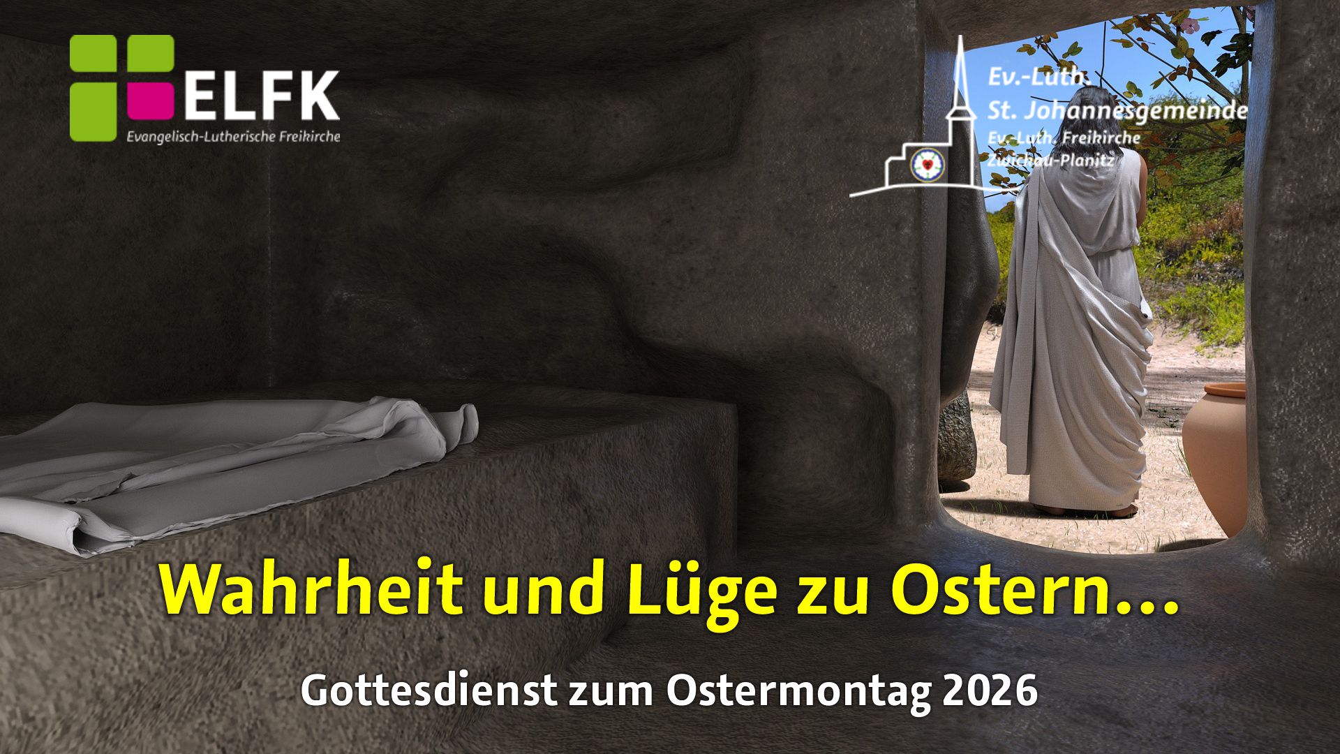 Blick aus der leeren Grabhöhle auf den Auferstandenen Jesus.